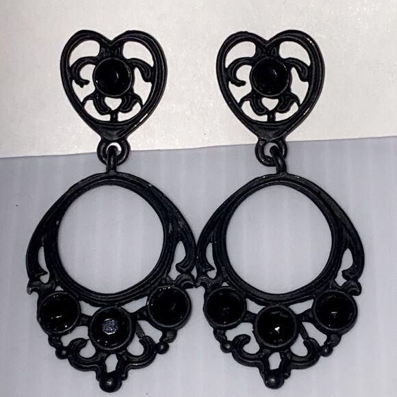 Heart Shape Drop Dangle Earrings In Black With Black Stone Embellishments - Picture 1 of 5